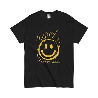 Gildan T Shirt Voor Vrouwen En Mannen Met Opdruk Happy Looks Good Smiley - Zwart - M