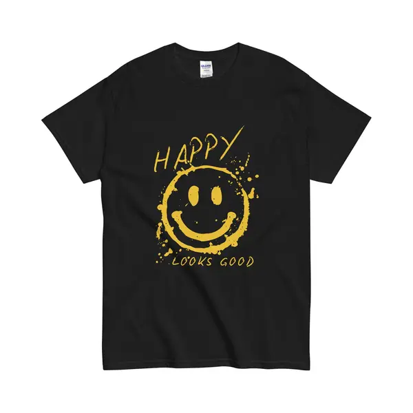 Gildan T Shirt Voor Vrouwen En Mannen Met Opdruk Happy Looks Good Smiley - Zwart - M thumbnail