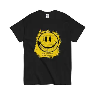 Gildan Dames En Heren T-shirt Quote, Not Perfect Just Happy - Smiley Face - Zwart - Xl