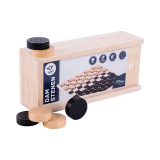 Engelhart Damstenen Van Essenhout – 30 Mm – Zwart & Naturel – Inclusief Houten Kistje Met Schuifdeksel – Dammen Set – Longfield Games