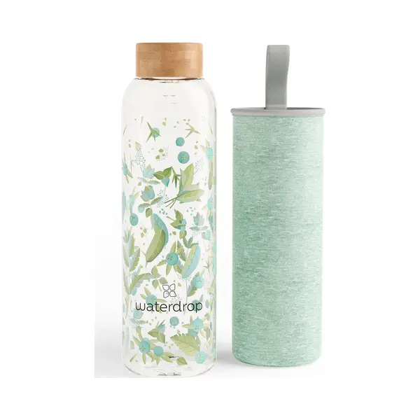 waterdrop Microdrink Waterdrop® Glass Water Bottle 600ml – Water Flask With Bamboo Lid & Sleeve, Reusable Borosilicate Glass Flask, Leakproof, Ideal For Travel, Office, thumbnail