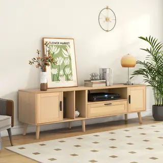 Hauss Spole Tv Meubel - Tv-kast Met 2 Deuren, 1 Lade En Rattan Accenten - Voor Woonkamer, Eetkamer En Slaapkamer - 180x40x54 Cm - Spaanplaat - Naturel