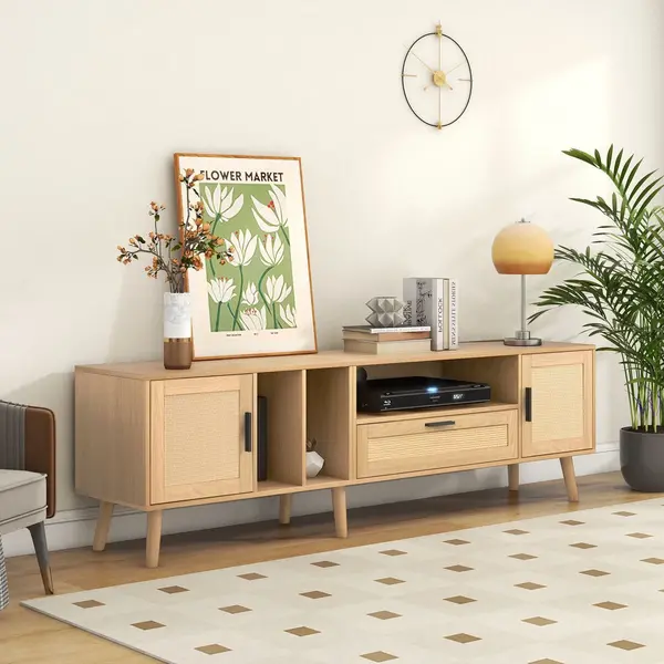 Hauss Spole Tv Meubel - Tv-kast Met 2 Deuren, 1 Lade En Rattan Accenten - Voor Woonkamer, Eetkamer En Slaapkamer - 180x40x54 Cm - Spaanplaat - Naturel thumbnail