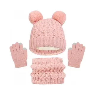 Roze - Sjaal En Handschoenen Hoed 3-delige Set, Kinderen Gebreide Warme Nekwarmer Muts Touchscreen Handschoenen, Winteraccessoires Voor Meisjes