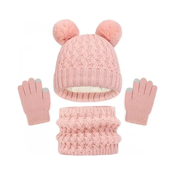 Roze - Sjaal En Handschoenen Hoed 3-delige Set, Kinderen Gebreide Warme Nekwarmer Muts Touchscreen Handschoenen, Winteraccessoires Voor Meisjes thumbnail