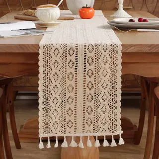 Gehaakte Kant Tafelloper - Boho Katoenen Tafelloper - Tafelloper - Tafelloper Van Katoen En Linnen Tafelkleed - 120x30cm - Rustieke Tafeldecoratie -