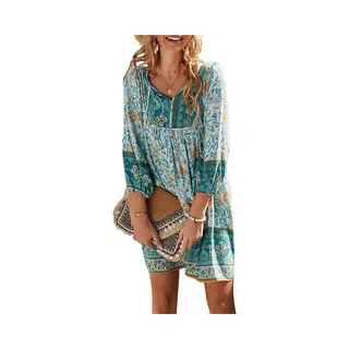 Boho Zomerjurk Groen L - Bloemenprint Maxi Jurk - Vintage Etnische Strandstijl - Comfortabel Polyester - Voor Dames - 1 Stuk
