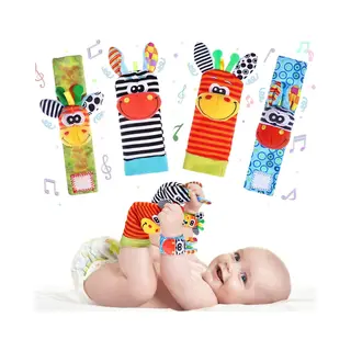 Set Van 4 - Baby Polsbandjes Sokkenset - Cartoon Dieren Rammelsokken - Baby Polsbandjes - Babysokken - Babycadeaus, Verjaardagscadeaus, Kerstcadeaus -