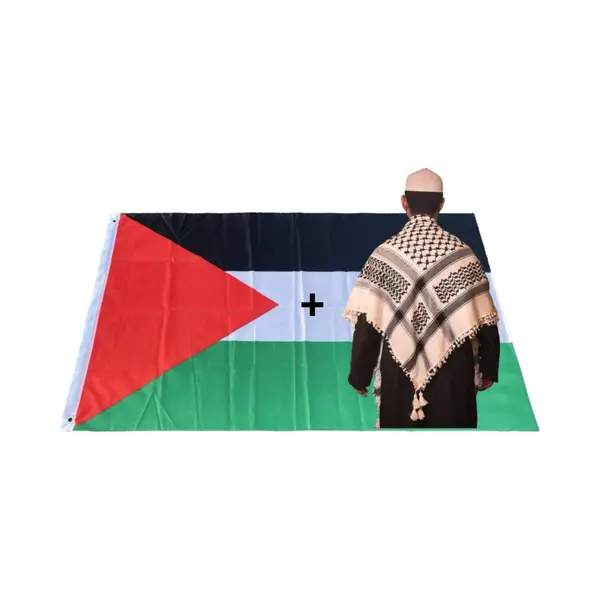 Palestijnse Vlag 90x150 Cm + Kufiya/Keffiyeh Zwart/Wit 122x122 Cm 100% Katoen - Arafat Sjaal, Shemagh - Palestina Sjaal - Arabische Sjaal - Combi Deal thumbnail