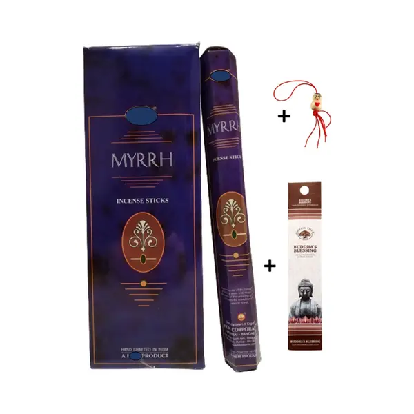 Doos Met 120 Stokjes - Wierook - Wierookstokjes - Incense Sticks - Myrrh - Mirre + 5 Mini Wierookstokjes + Gelukspoppetje thumbnail