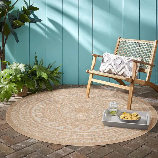 Flycarpets Summit Rond Jute Look Buitenkleed - Beige / Creme - Buiten Vloerkleed - Laagpolig Tuintapijt / Buitentapijt - 120 Cm thumbnail