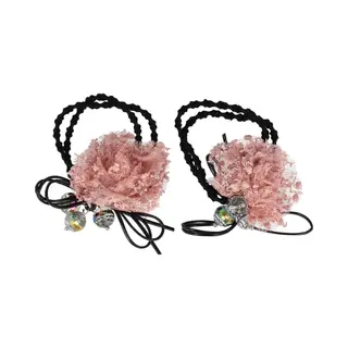 Haarsoires Haarelastieken – Bloem 4cm – Kanten Stof - Facetkralen – Zwart Roze – Set Van 2