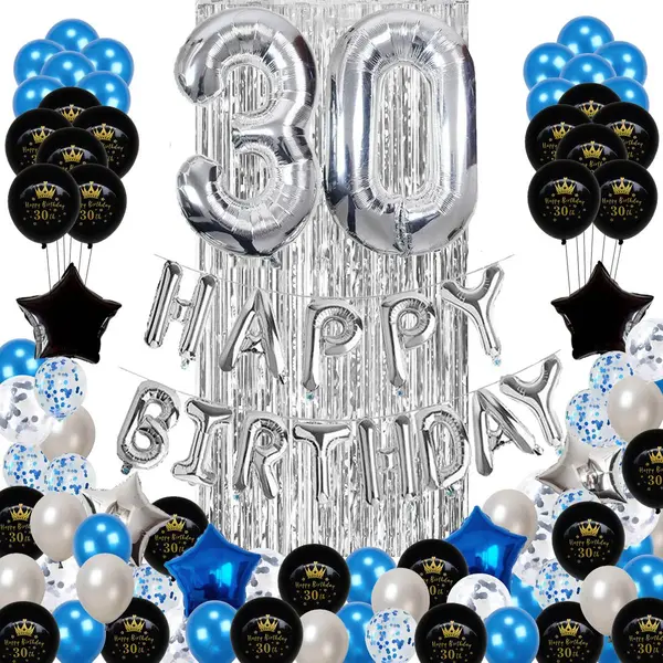 30 Jaar Verjaardag Versiering - 30 Jaar Feest Verjaardag Versiering Set 88-delig - Happy Birthday Slinger & Ballonnen - Decoratie Man Vrouw - Blauw En thumbnail