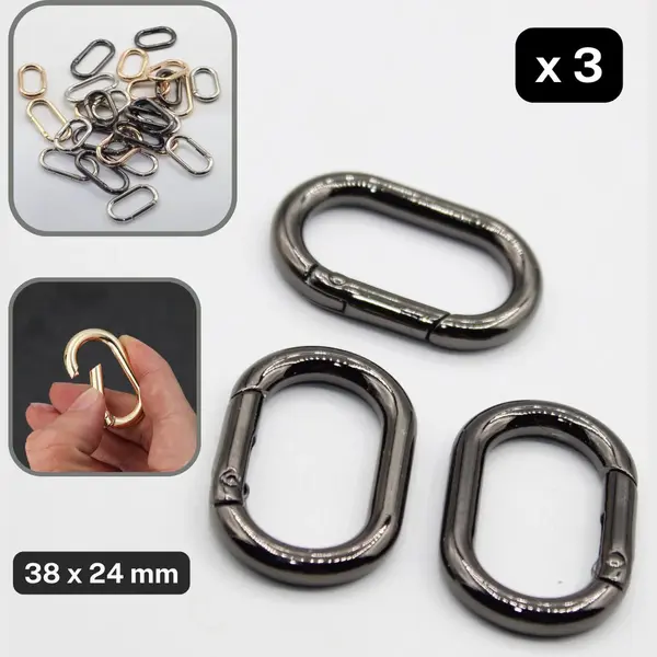 3 Stuks Metalen Ovalen Karabijnringen/Karabijnsluitingen, Maat 38X24MM, Kleur Gun thumbnail