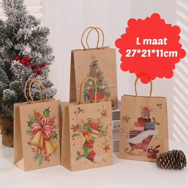 _Merkloos_ 8 X Kersttassen - 27*21*11 Cm - Kraft Papier Tassen - 4 Verschillende Patronen - 2 Van Elk - Kerst Tassen - Model Kerstboom - Kerst Cadeau Zakjes - thumbnail