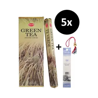 Wierook - Wierookstokjes - 5 Kokers - 100 Stokjes + 5 Mini Stokjes En 1 Gelukspoppetje - Geur Groene Thee - Green Tea