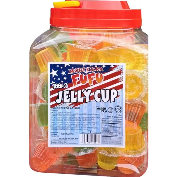 Mont Kiara Fufu Fruchtgelee-Becher, 100 Stück, 15g Pro Stück, Bunte Gummibonbons Im Aufbewahrungsbehälter, Halal-zertifiziert, Ideal Für thumbnail