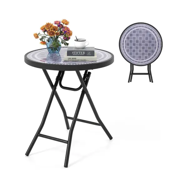 Costway Bijzettafel Inklapbaar, Kleine Klaptafel, Tuintafel, Ronde Balkontafel Eettafel Voor Balkon, Tuin, Terras, Grijs thumbnail