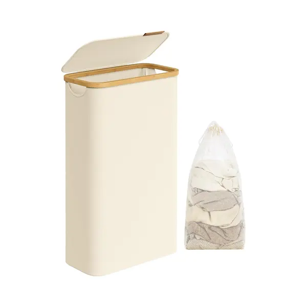 Songmics Wäschekorb Mit Deckel, Wäschesammler 65 L, Platzsparend, Herausnehmbarer Wäschesack, Oxford-Gewebe, Griffe Aus Bambus, Zusammenklappbar, thumbnail