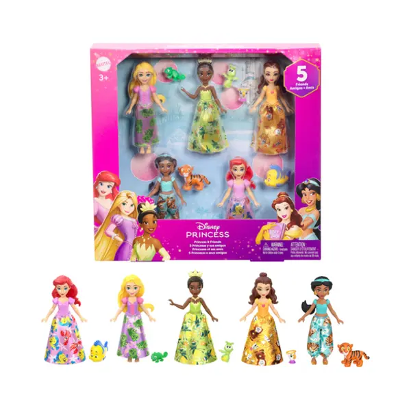 Mattel Disney Princess & Friends Set with 5 Small Dolls in Sparkling Outfits & 5 Friend Figures thumbnail