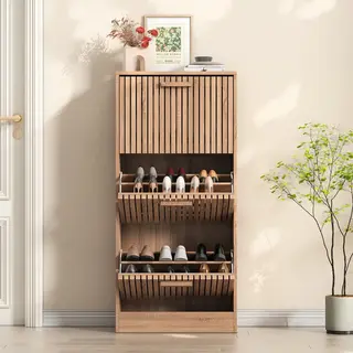 Rosahqnda Moderne Houten Schoenenkast, Schoenenkast Smal Schoenenkast 3 Klapdeuren Grote Plankbreedte 60 X 24 X 113 Cm Houtkleur Look Schoenenkast Voor Gangen