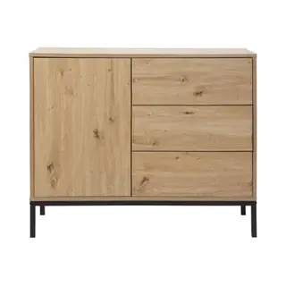 Calicosy Casâme Commode Met 3 Laden, 1 Deur, Opbergkast Voor Slaapkamer Of Woonkamer, Industriële Stijl, Decor Eiken En Metalen Voet, Zwart, 90 X 40 X 80 Cm