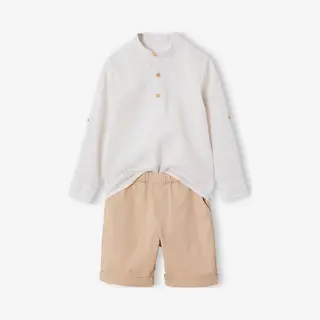 Vertbaudet Net Jongenshemd, Mao-kraag En Korte Broek Beige