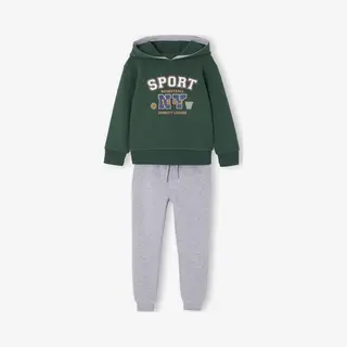 Vertbaudet Sportieve Set Voor Jongens Met Sweater Met Capuchon En Print + Effen Joggingbroek Korstmos