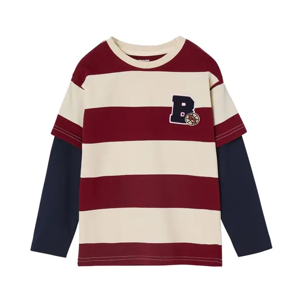 Vertbaudet Gestreept T-shirt Met Dubbele Mouweffect Rood, Gestreept thumbnail