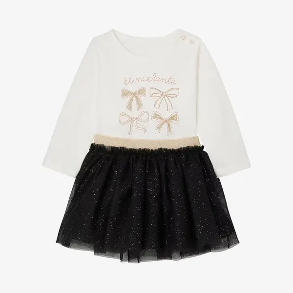 Vertbaudet Babyset Voor Meisjes, T-shirt, Rok Met Glitter Zwart thumbnail