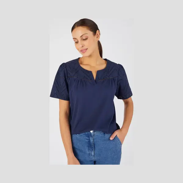 Damart - T-shirt Met Engels Borduurwerk Van Zuiver Katoen - Dames - Blauw - S thumbnail