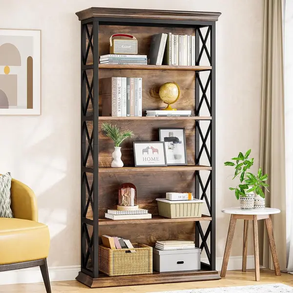 Tribesigns- Boekenrek - Boekenkast Industrieel - 5 Lagen - Hout/Metaal - Bruin/Zwart - 80 X 30 X 180cm - Voor Woonkamer, Studeerkamer, Kantoor thumbnail