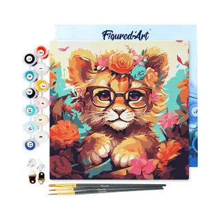 Figured'Art Mini Schilderen Op Nummer Volwassenen 20x20cm Met Lijst Fantasie Leeuwenwelp En Bloemen - Klein Formaat Creatieve Hobby Kit Diy Art Nummer