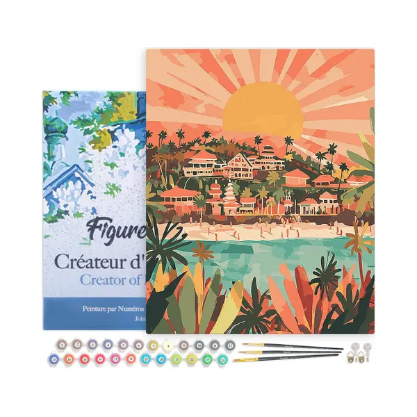 Figured'Art Schilderen Op Nummer Volwassenen Met Lijst Zonsopgang In Bali- Handwerk Acrylverf Kit Diy Compleet - 40x50cm Canvas Al Ingelijst thumbnail