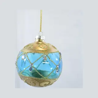ZoeZo Design - 12 Stuks - Kerstbal - Blauw - Goud - Glitter - Klassiek - Vintage - Ø 8 Cm - (4 Doosjes á 3 Stuks) - Met Lint