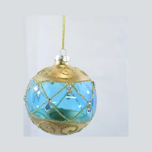 ZoeZo Design - 12 Stuks - Kerstbal - Blauw - Goud - Glitter - Klassiek - Vintage - Ø 8 Cm - (4 Doosjes á 3 Stuks) - Met Lint thumbnail