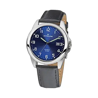 Atrium Horloge - Heren - Zilverkleurig - 10 Bar Waterdicht - Zwart Leren Band (16, 5-21, 5 Cm) - Donkerblauwe Wijzerplaat - Datum - Edelstaal -