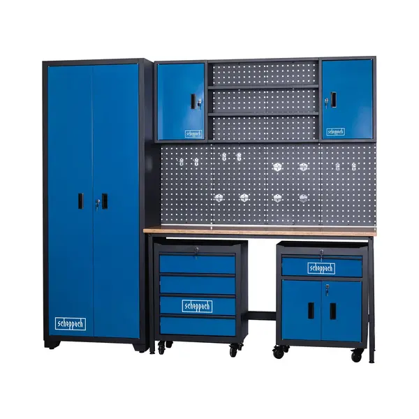 Scheppach Werkplaats GWS08 - Met Werkbank, Geperforeerde Wandpanelen Incl. Haken, Kasten En Ladekast - B, 2360 X H, 2050 X D, 500 Mm thumbnail