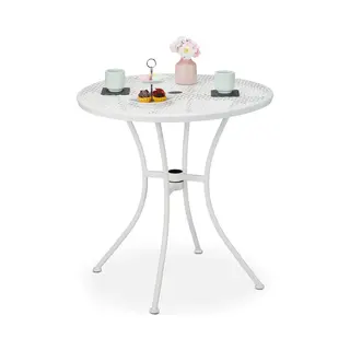 Relaxdays - Garden Table, With Umbrella Hole & Plug, Steel, 72 X 70 Cm, Round Outdoor Furniture, Patio & Balcony, White