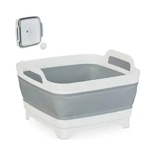 Relaxdays Sink Bowl With Drain, Foldable Washing Up Basket, 9 L, Camping Dishwasher, Hxwxd, 20 X 31 X 31 Cm, White/grey