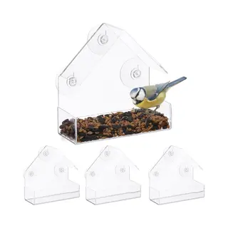 Relaxdays Set Van 4 Vogelvoederhuisje Met Dak, 3 Zuignappen, Hoogte 15 X 15 X 7 Cm, Transparant