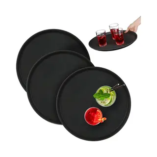 Horeca Dienblad - Set Van 3 - Ø 40 Cm - Antislip - Met Rand - Rond - Zwart