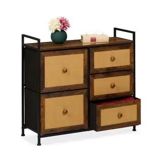 Relaxdays Kommode, 5 Schubladen, Rattanoptik, Flur, Schlafzimmer, Hbt 77x85x31, 5 Cm, Highboard, Metall, Braun/schwarz