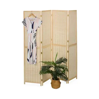 Relaxdays Windscherm Met 4 Kleppen, Opvouwbaar, Bamboe En Hout, 180 X 182 Cm, Voor Woonkamer, Natuur