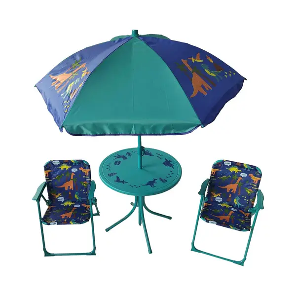 Relaxdays - Children's Camping Furniture Set With Parasol, Folding Chairs & Table, Garden Ensemble, Dinosaur, Turquoise thumbnail