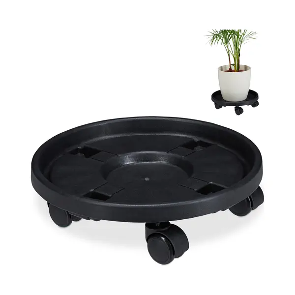 Relaxdays Plant Roller Round, Set Of 2, Hxø, 10x35.5 Cm, Flowerpot Holder With Castors, Plastic, Indoor & Outdoor, Black thumbnail
