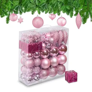 Relaxdays Weihnachtskugeln 110er Set, Kunststoff, Weihnachtsbaumdeko Mit Kugeln & Lametta Uvm., Christbaumschmuck, Rosa
