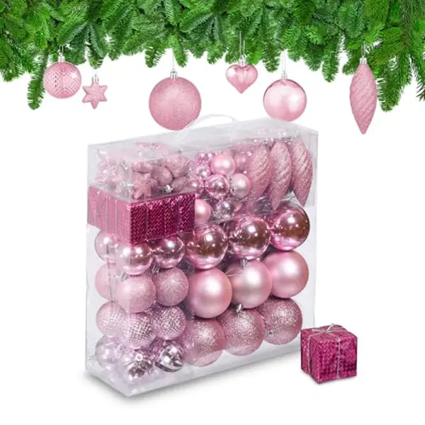 Relaxdays Weihnachtskugeln 110er Set, Kunststoff, Weihnachtsbaumdeko Mit Kugeln & Lametta Uvm., Christbaumschmuck, Rosa thumbnail
