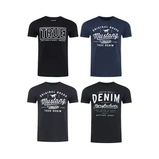 Mustang Set Van 4 T-shirts Voor Heren, Bedrukt Op De Voorkant, Ronde Hals, Korte Mouwen, Regular Fit, 100% Katoen, Zwart, Wit, Grijs, Blauw, Groen,