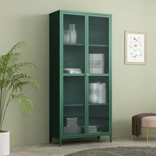 En.casa Vitrine »Säkylä« Mit 2 Türen Stahl 180 X 80 X 35 Cm Tannengrün thumbnail